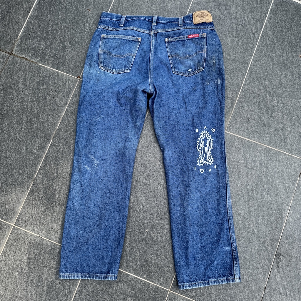 WHEEL LOVE - Dickies Pants Customised By Bao Goods (Waist 35" / Baggy Blue Jeans)