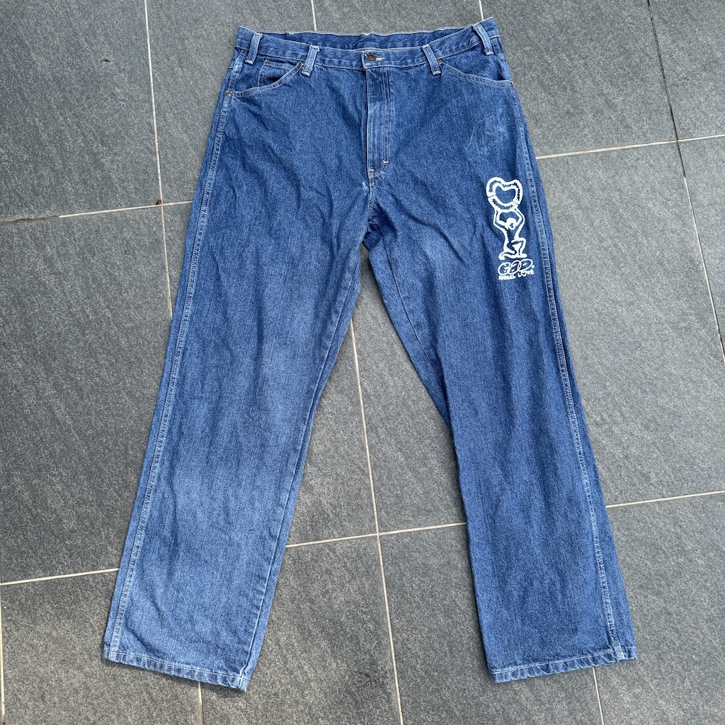 WHEEL LOVE - Dickies Pants Customised By Bao Goods (Waist 37" / Baggy Blue Jeans)