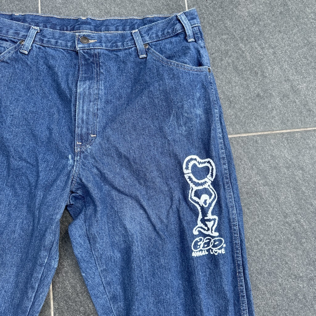 WHEEL LOVE - Dickies Pants Customised By Bao Goods (Waist 37" / Baggy Blue Jeans)