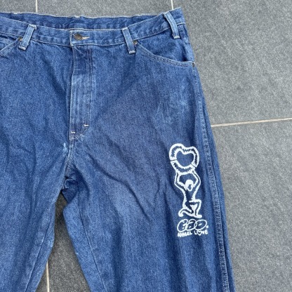 WHEEL LOVE - Dickies Pants Customised By Bao Goods (Waist 37" / Baggy Blue Jeans)