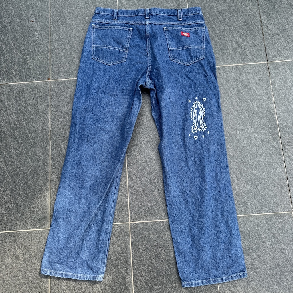 WHEEL LOVE - Dickies Pants Customised By Bao Goods (Waist 37" / Baggy Blue Jeans)