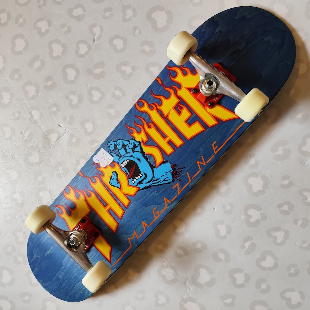 SANTA CRUZ - Thrasher Screaming Flame Blue 8.25" Skateboard (Premium Tensor + OJ Wheels Custom Promo!)