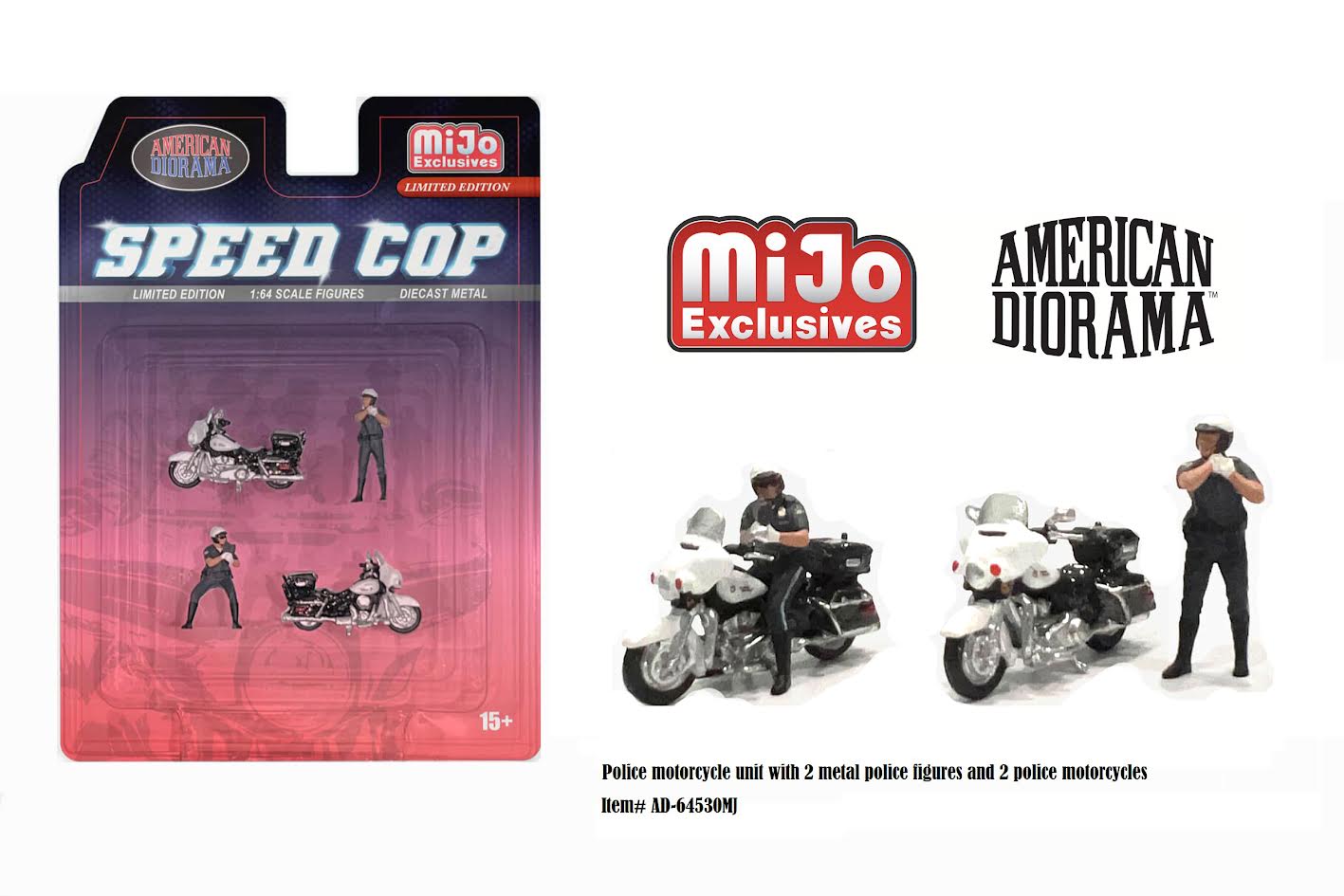 AD-64530MJ - AMERICAN DIORAMA : 1/64 Figure Set : Speed Cop Police Motorcycles 