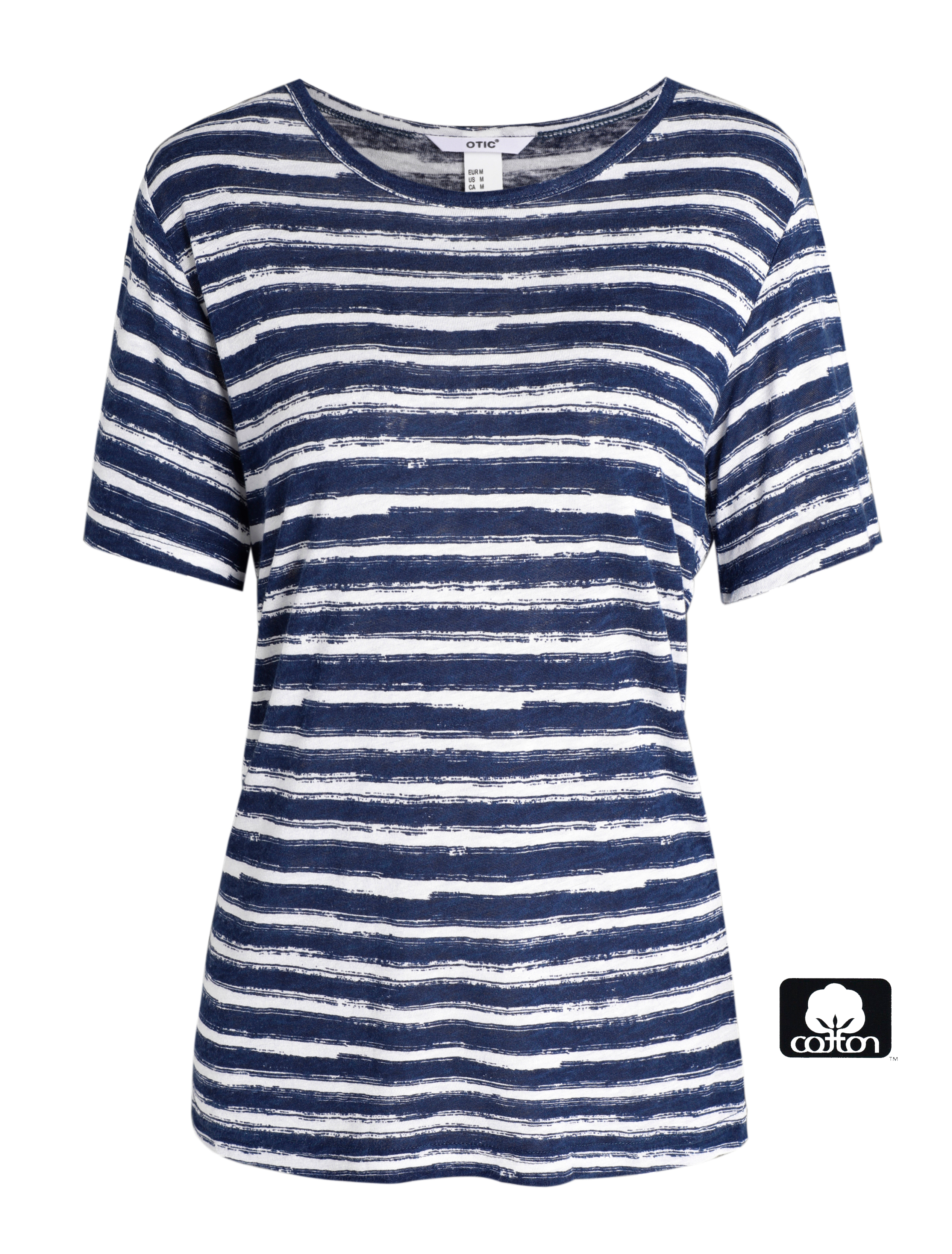 OTIC Women's Stripe Crew Neck Short Sleeve Uneven Lino Print Casual Summer Top - Viscose/Linen Blend