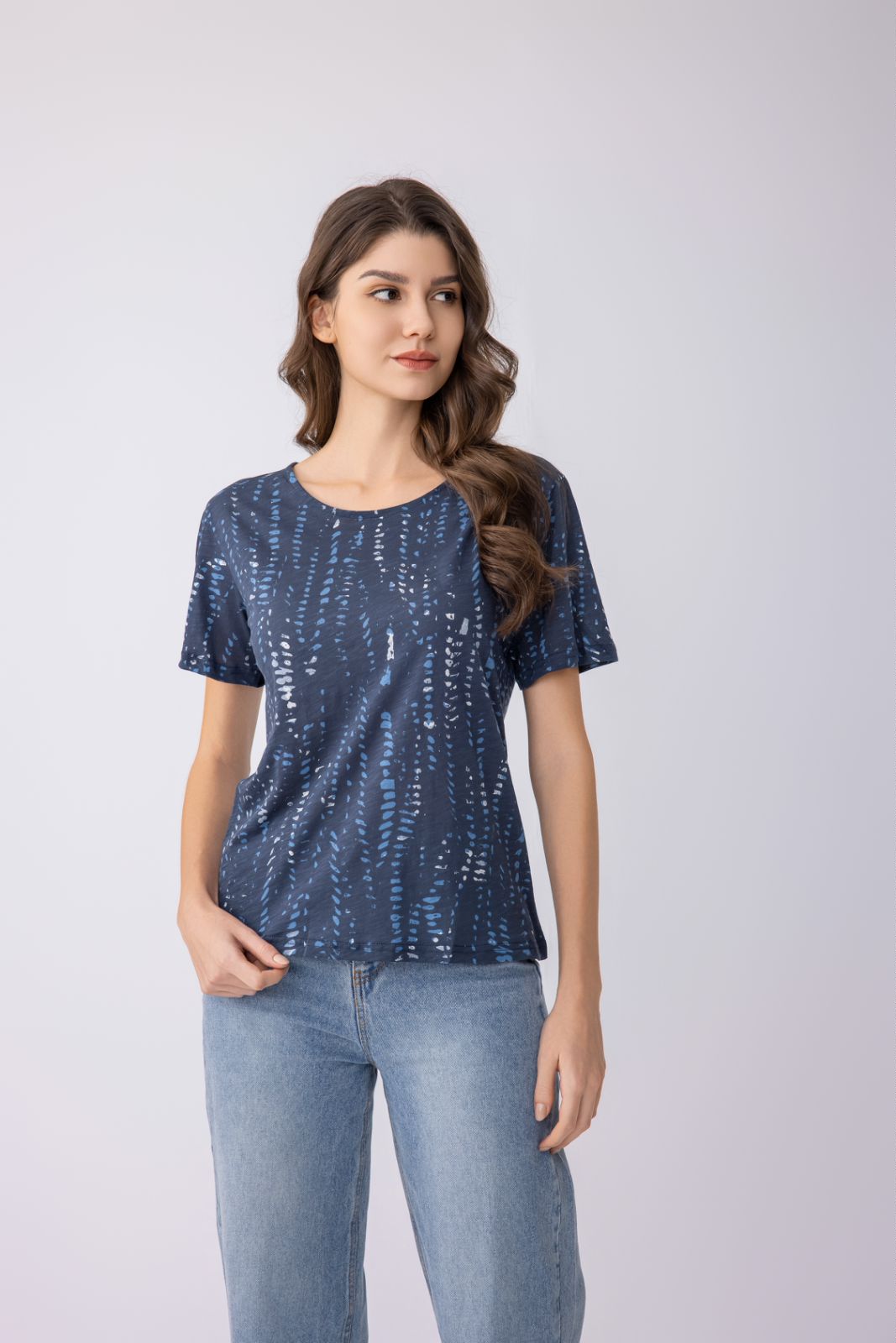 Women's Round Neck Short Sleeve Slub Jersey T-Shirt - Ocean Dream Print, Sustainable Cotton