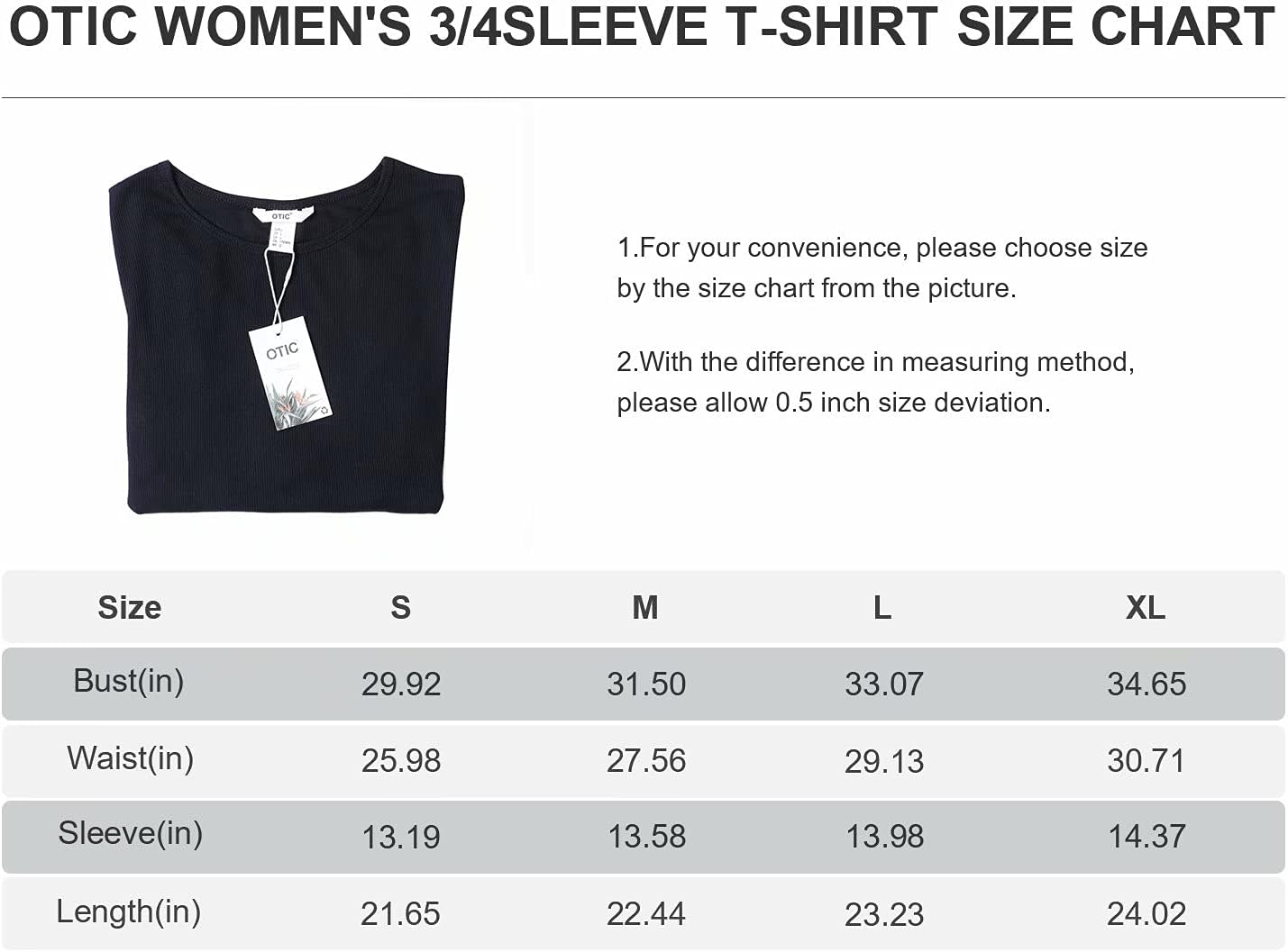 OTIC Eco-Friendly Women's Crew Neck 3/4 Sleeve Ribbed Top