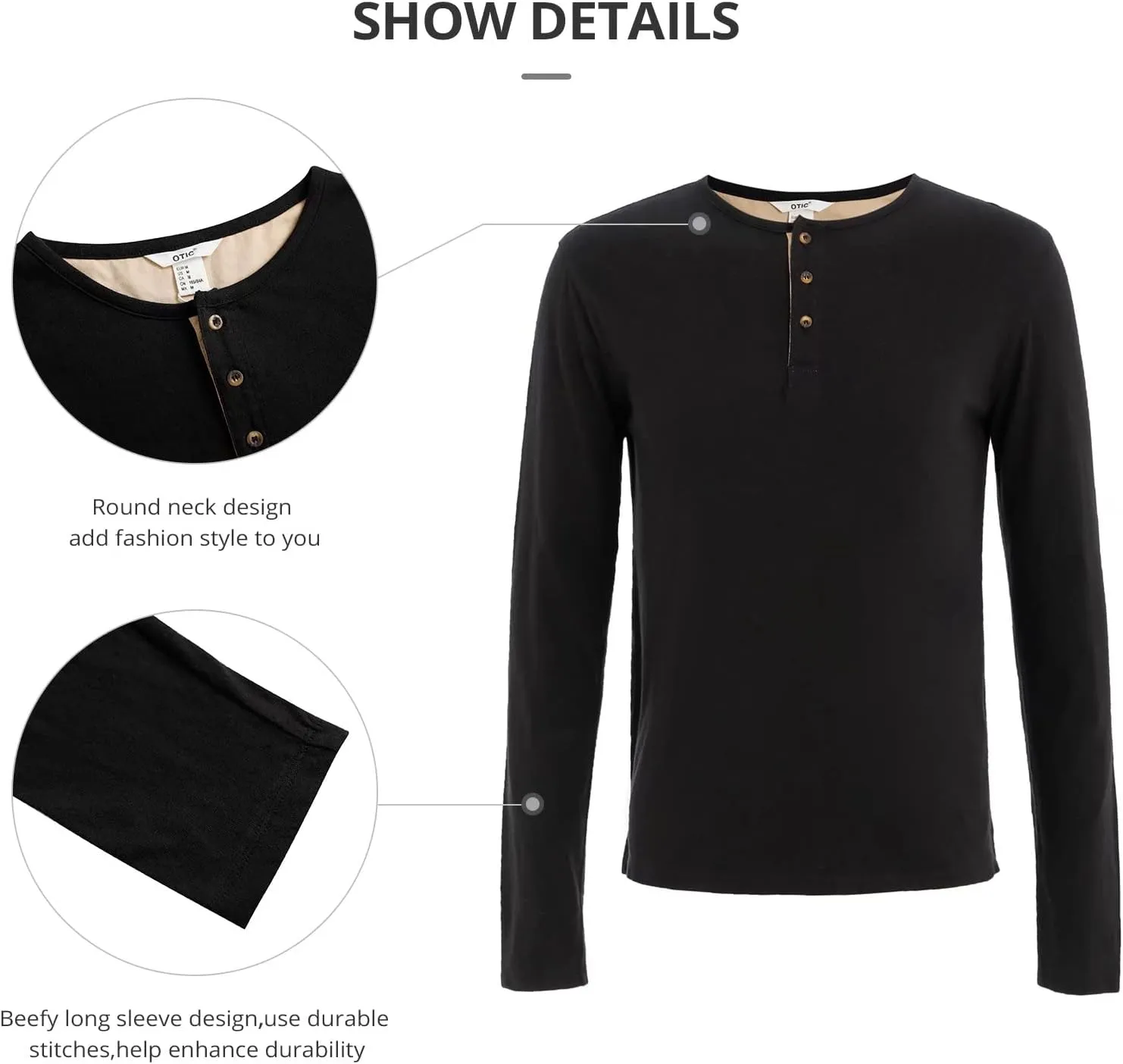 OTIC Men's Long Sleeve Henley Shirt with Button Placket (Sustainable Recycled Cotton)