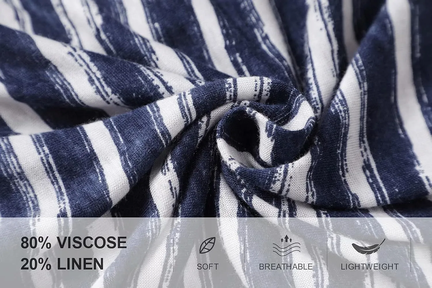 OTIC Women's Stripe Crew Neck Short Sleeve Uneven Lino Print Casual Summer Top - Viscose/Linen Blend