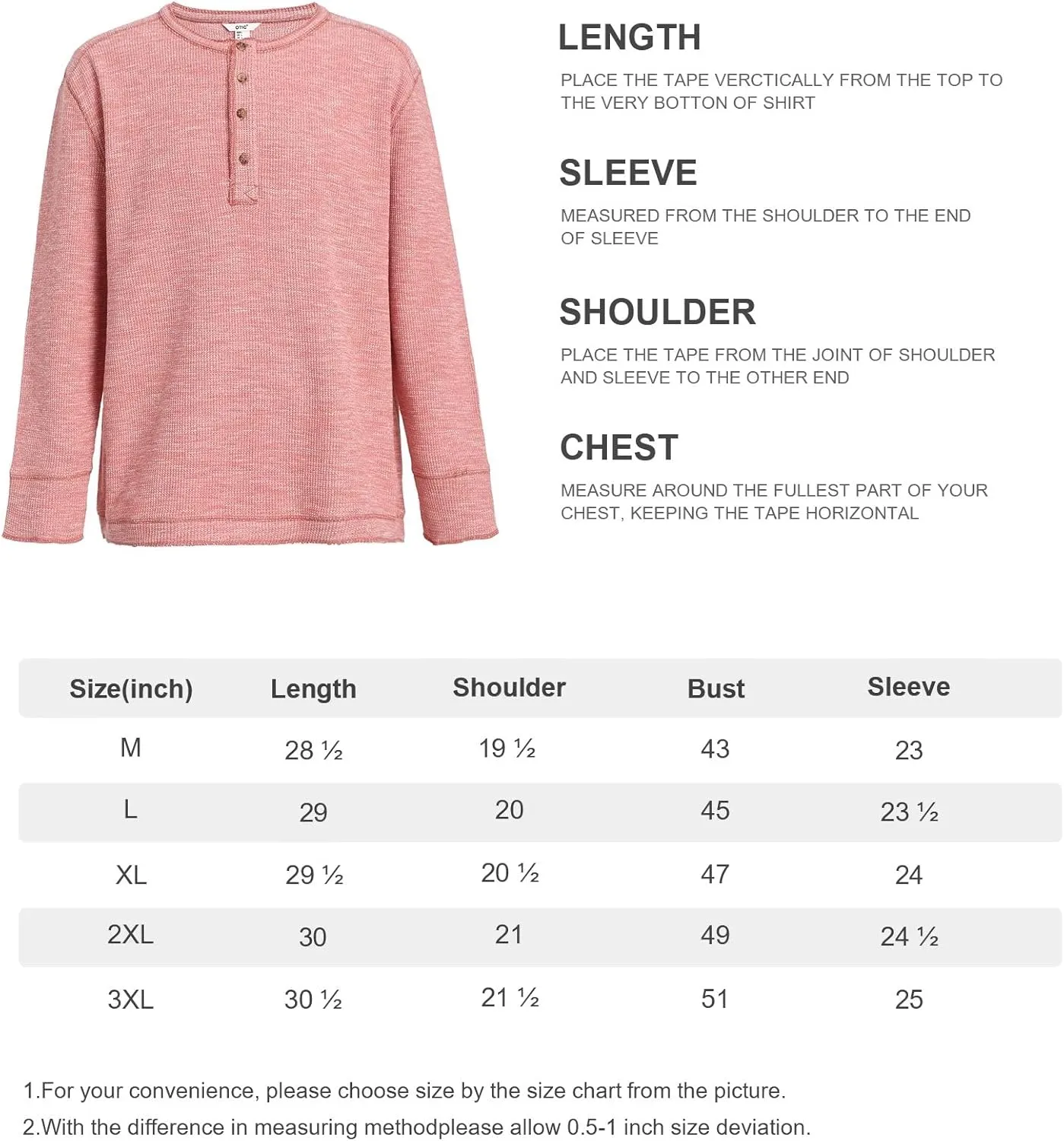 OTIC Men's Loose Fit Waffle Henley Long Sleeve Casual Shirt - Front Placket with Four Buttons
