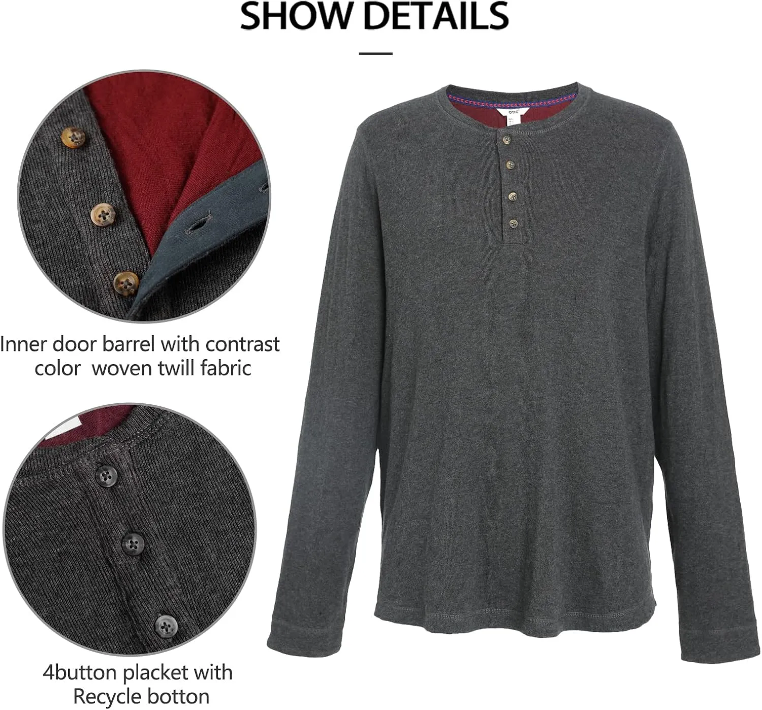 Sustainable USA Cotton Men's Henley: Long Sleeve Two-Sided Two-Color with Placket Button