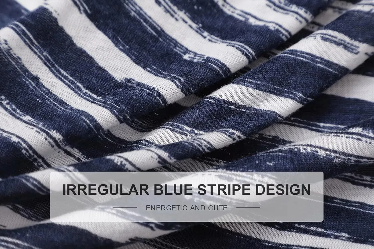 OTIC Women's Stripe Crew Neck Short Sleeve Uneven Lino Print Casual Summer Top - Viscose/Linen Blend