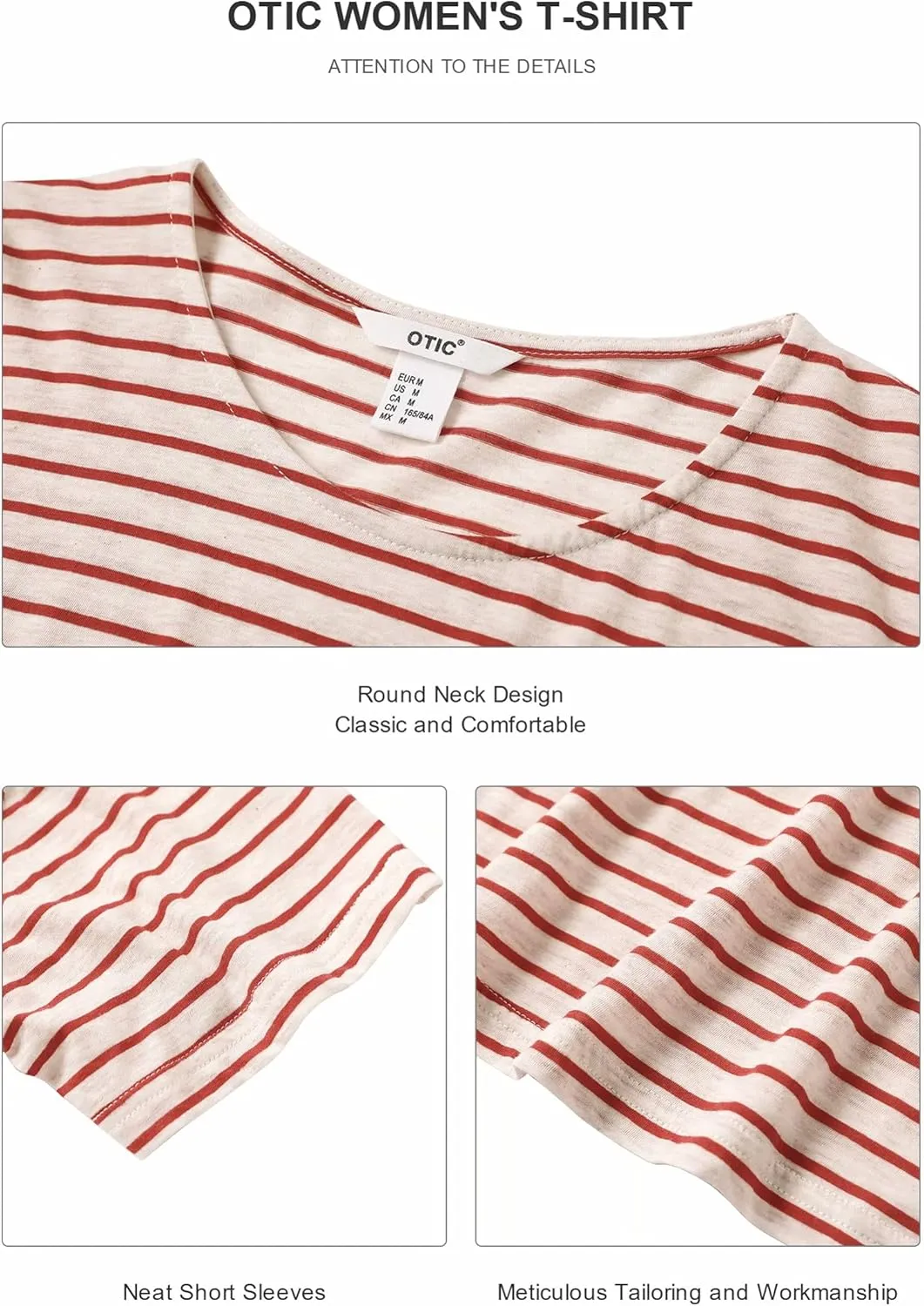 OTIC Women's Loose Fit Round Neck Short Sleeve Stripe Tee (Sustainable Cotton)