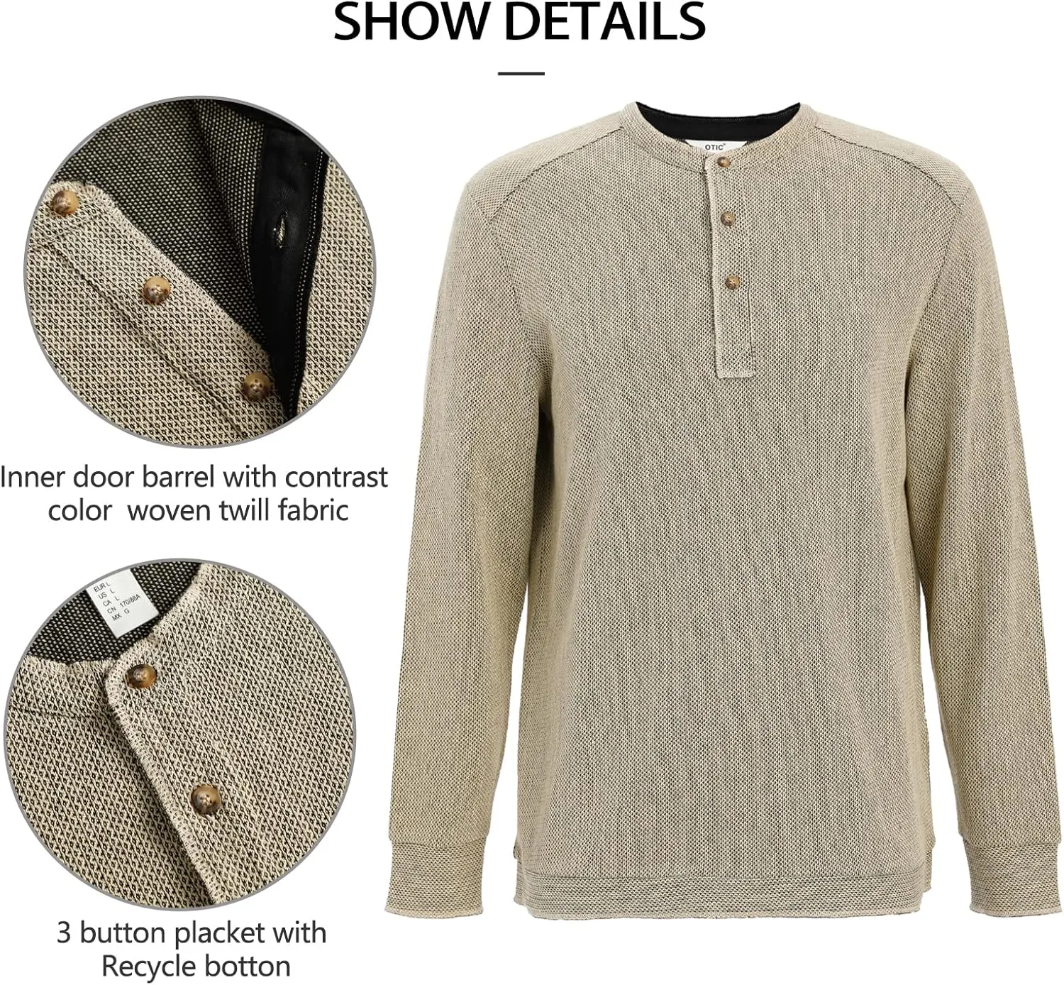 OTIC Men's Long Sleeve Henley Shirt - Chain Textured Jacquard US Cotton