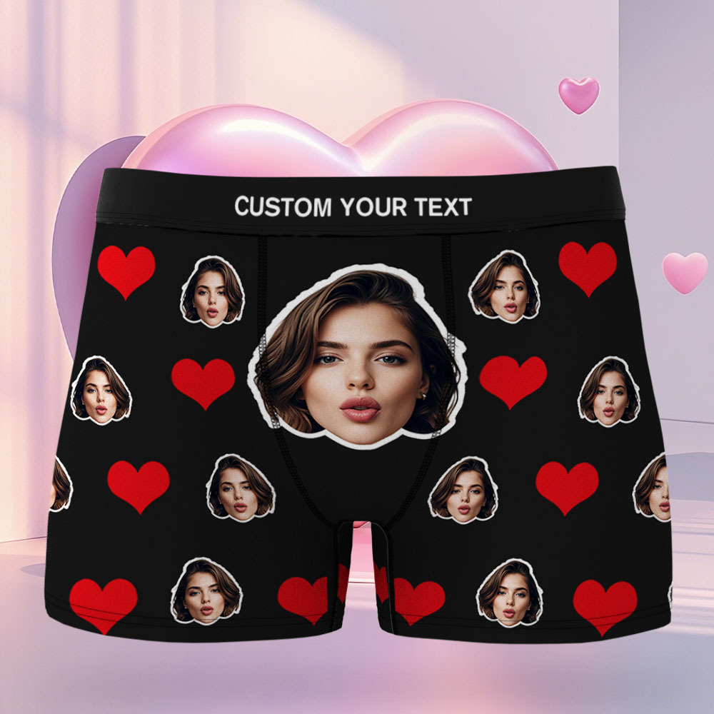カスタムメンズフェイスボクサーレッドハートボクサーフェイスボクサーブリーフパーソナライズされたホワイトフェイスボクサーブリーフバレンタインデーの下着ギフト - 