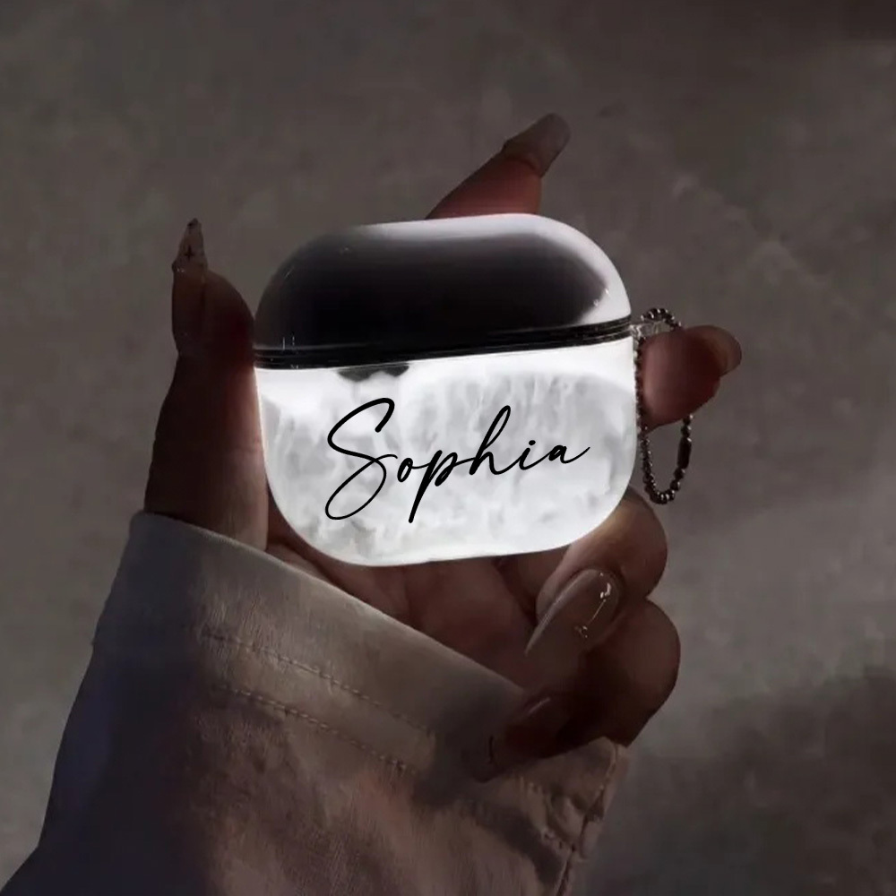 カスタム名液体グリッター AirPods ケース暗闇で光る流砂の輝きかわいい保護カバー AirPods 1 2 3 4 耐衝撃 -