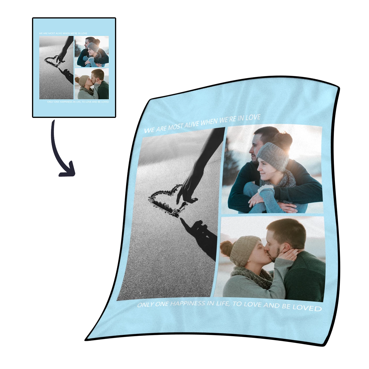 personalized love with 3 photos fleece custom blanket