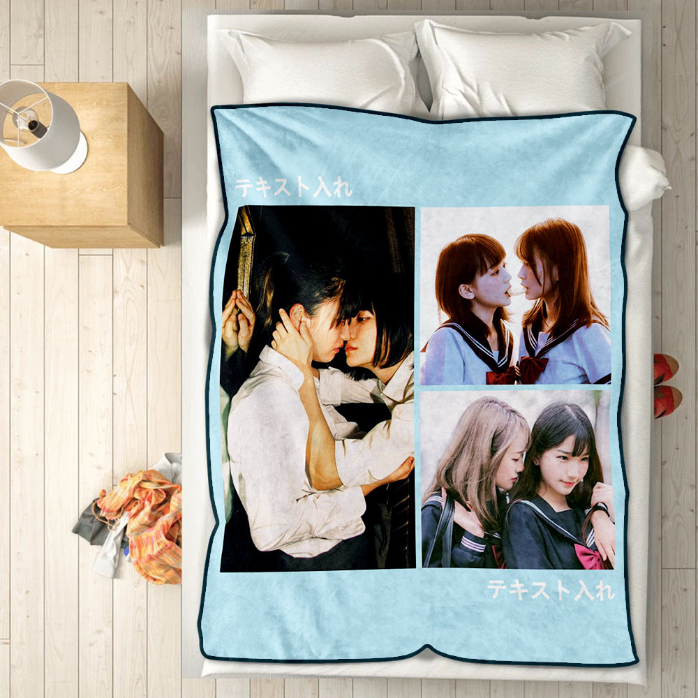 同性カップルプレゼント-写真入り絵文字可能な毛布－オリジナルタオルケット-ブランケット写真1枚から6枚までを添付製作可