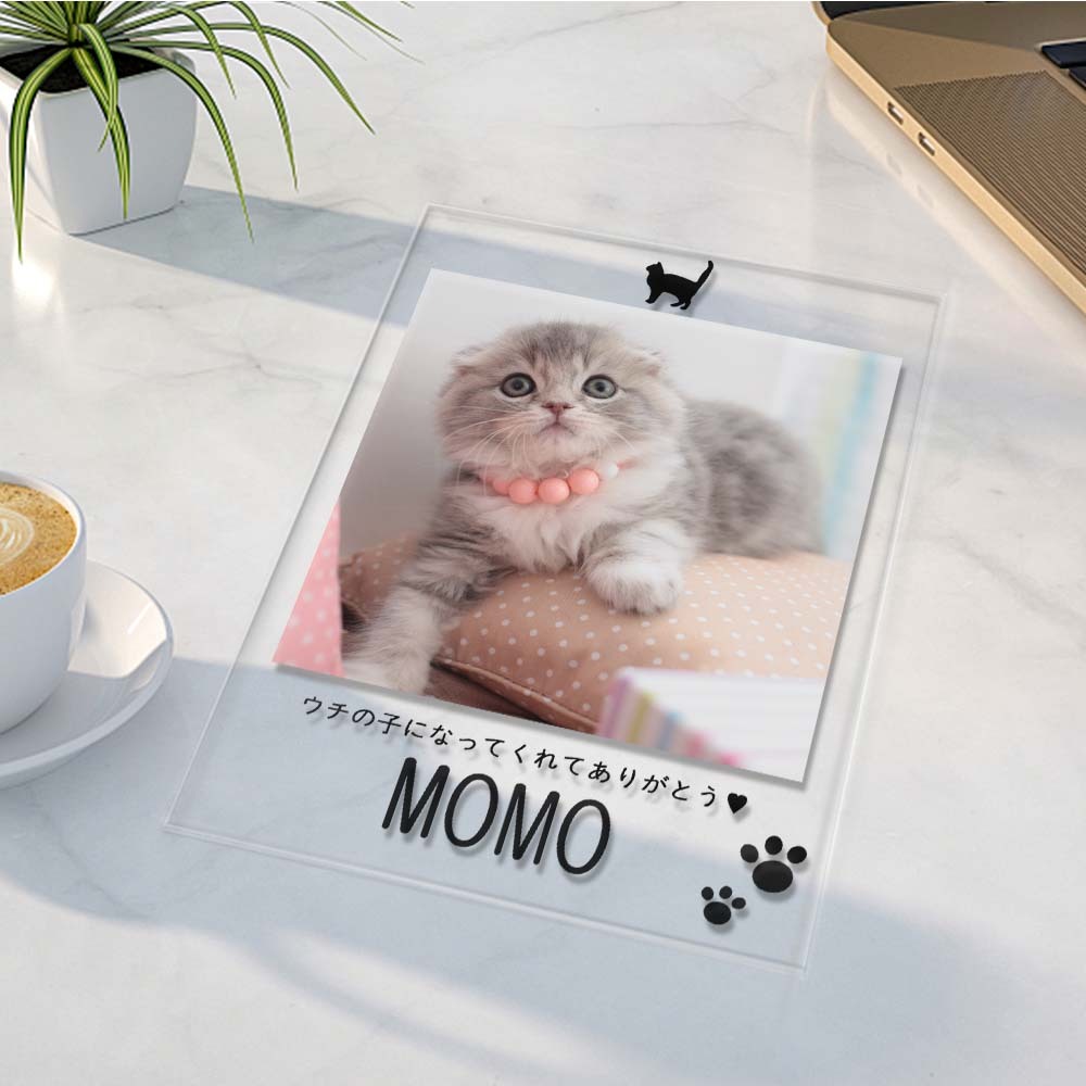 カスタムフォトアクリル製写真立て‐ネコの写真と名前とメッセージ入れ可能なメモリーを込めった卓上ペットグッズプラーク-肉球柄縦向き