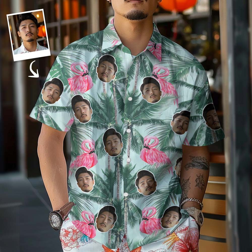 カスタムフェイスアロハシャツ - 写真入れ可能な男性用フラミンゴ柄緑のアロハシャツギフト