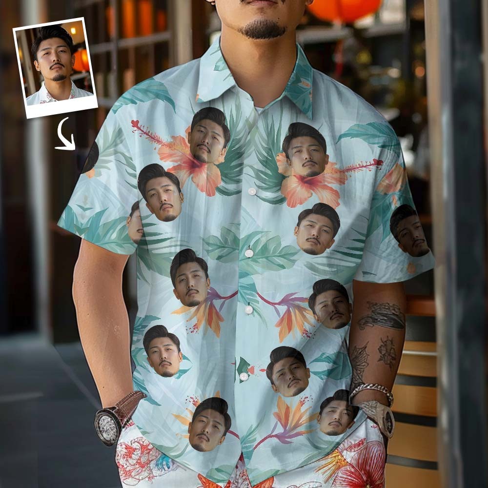 カスタムフェイスアロハシャツ - 写真入れ可能な男性用ロマンチックなハワイの葉アロハシャツプレゼント