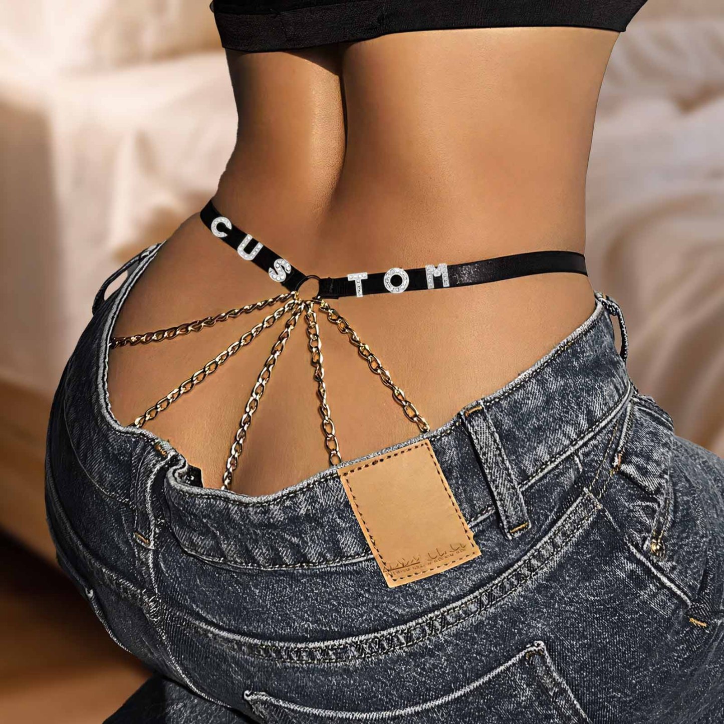 カスタム ラインストーン アルファベット Tバック メッシュ セクシー メッシュ チェーン - 