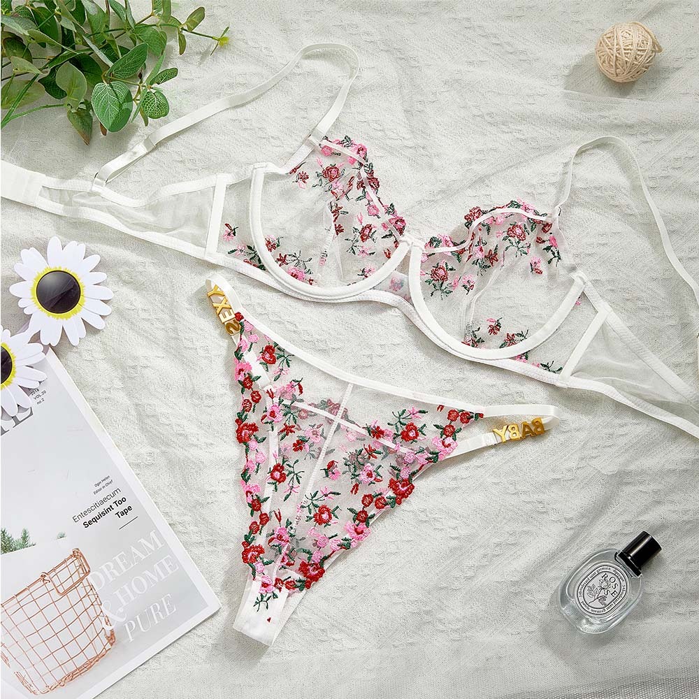 カスタムラインストーンアルファベットセクシーな刺繍tバックブラセット - 