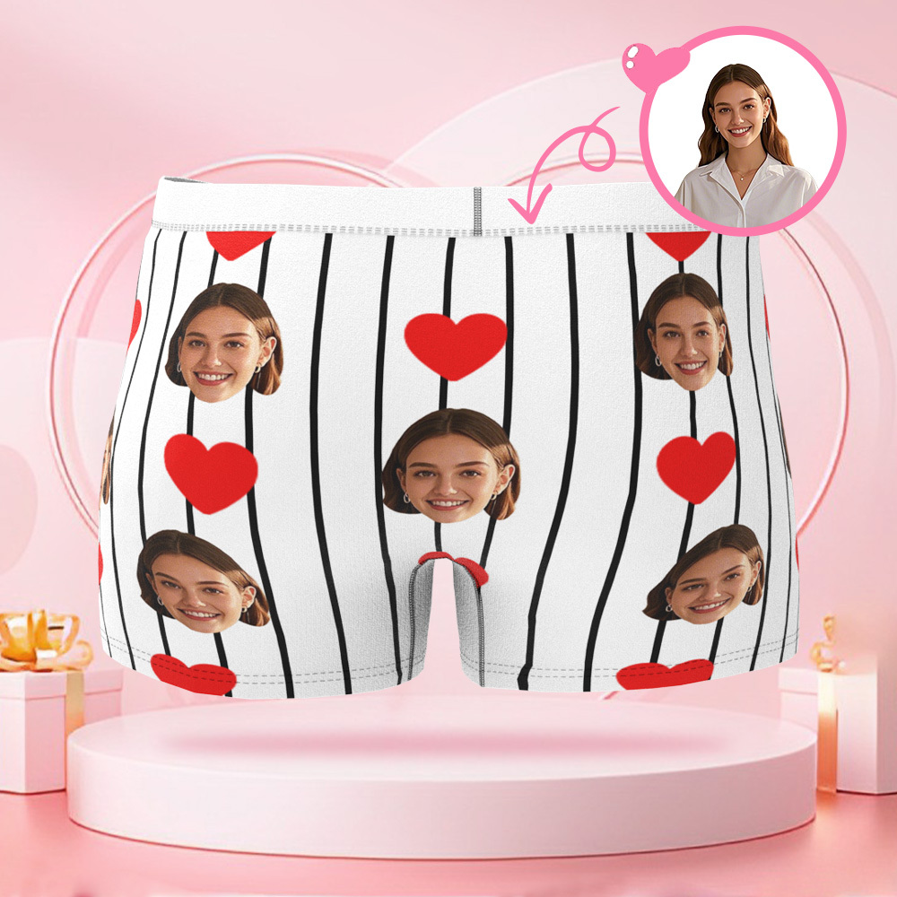 カスタムストライプハート型メンズボクサーブリーフ,カスタマイズされた顔付き,バレンタインデーのボーイフレンドへのサプライズギフト - 