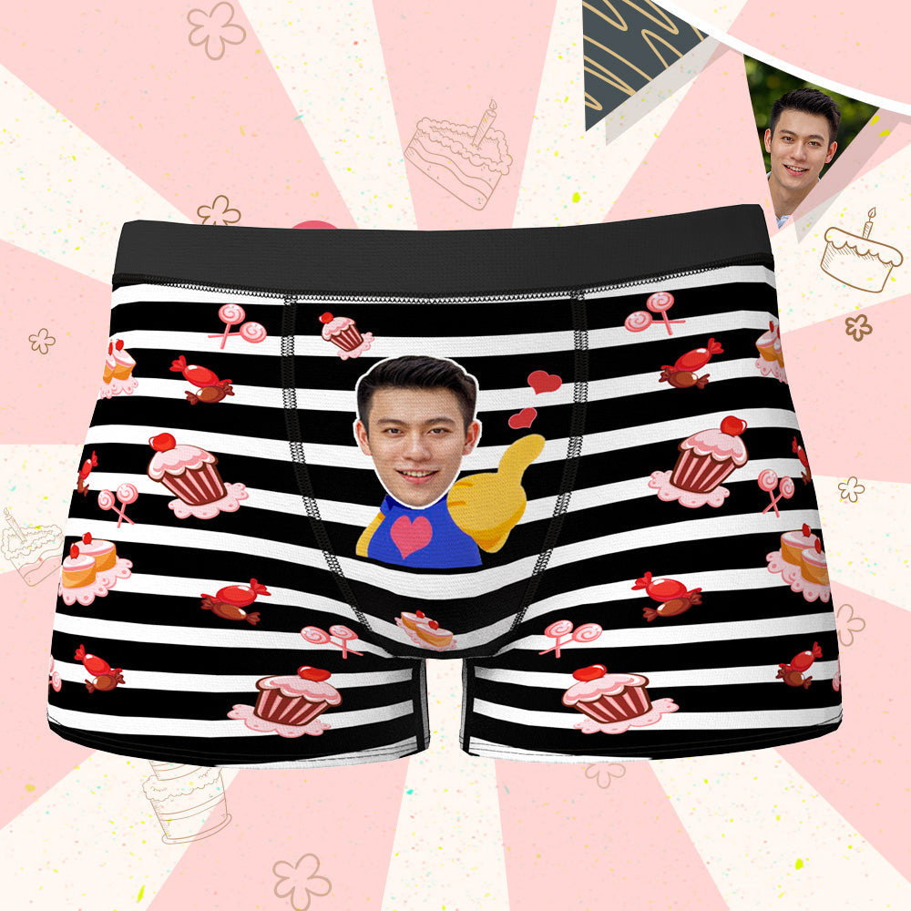 カスタムフォトボクサーパンツ-写真とテキスト入れ可能な誕生日下着縞とケーキ柄ギフト