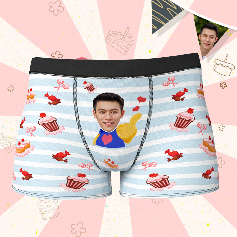 カスタムフォトボクサーパンツ-写真とテキスト入れ可能な誕生日下着縞とケーキ柄ギフト