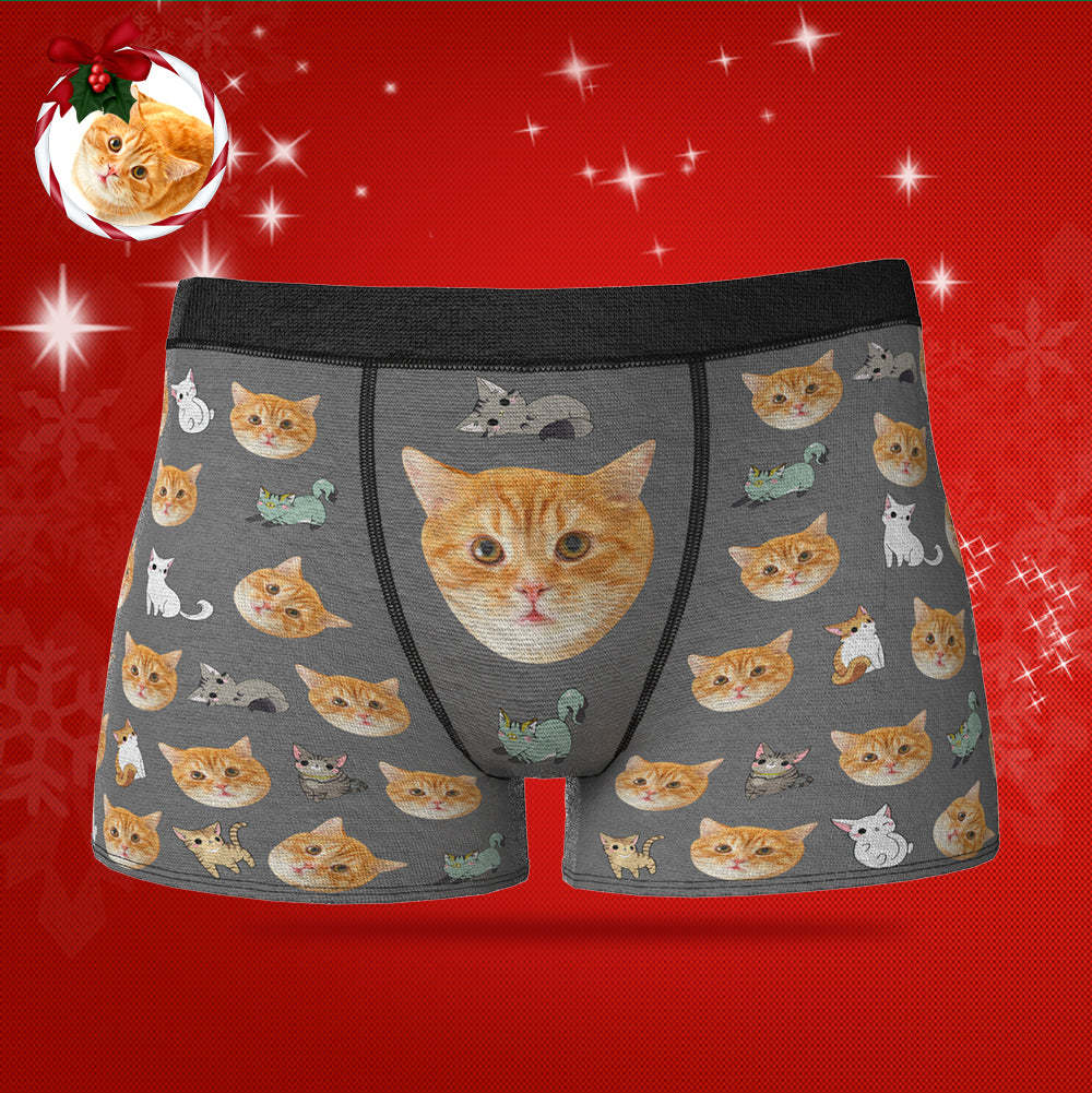 カスタムフォトボクサーパンツ-写真入れ可能なオリジナルクリスマス顔下着ショーツギフト-かわいいネコ柄