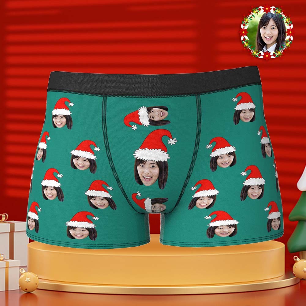 カスタムフォトボクサーパンツ-写真入れ可能なオリジナルクリスマス顔下着ショーツギフト-おもしろサンタ帽子柄