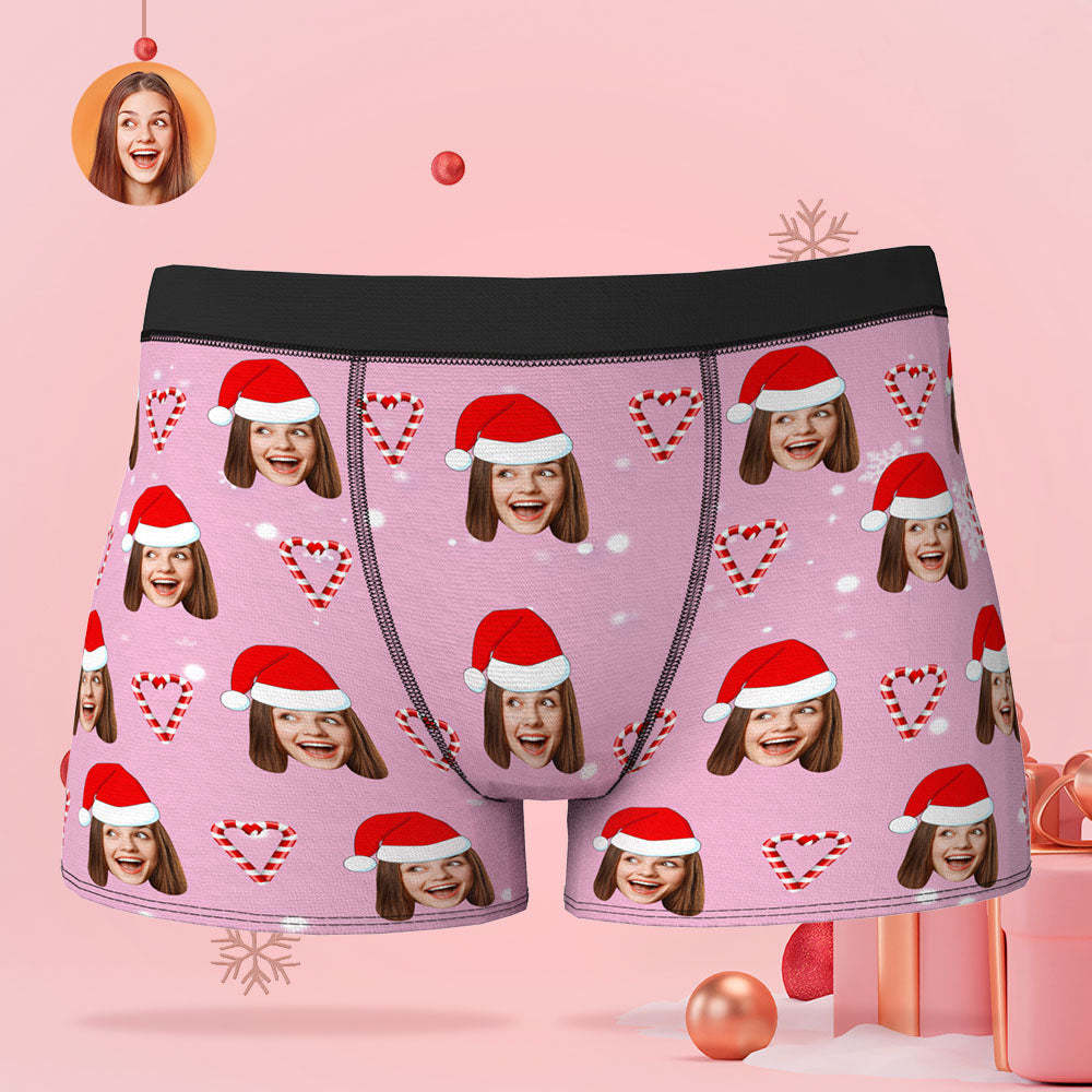 カスタムフォトボクサー-イギリスパンデミックの写真入れ可能なキャンディ柄のピンクのクリスマスボクサーパンツギフト