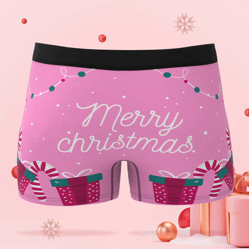 カスタムフォトボクサー-写真入れ可能なサンタクロースのプレゼント柄のクリスマスピンクのボクサーパンツギフト