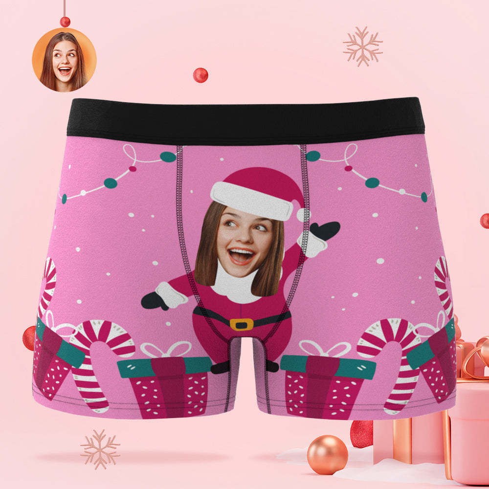 カスタムフォトボクサー-写真入れ可能なサンタクロースのプレゼント柄のクリスマスピンクのボクサーパンツギフト