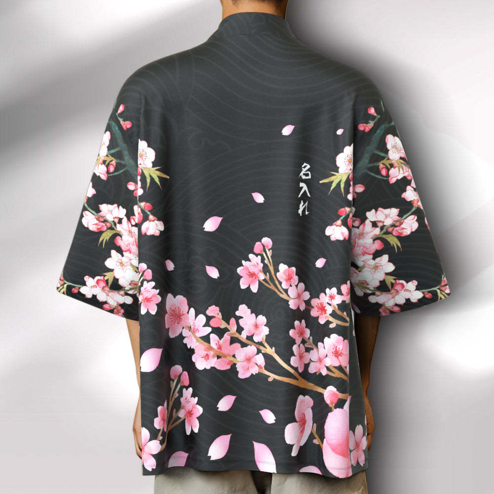 カスタムメンズ名前着物カーディガン－名入れ可能な和柄オリジナル甚平風羽織シャツ－桜柄