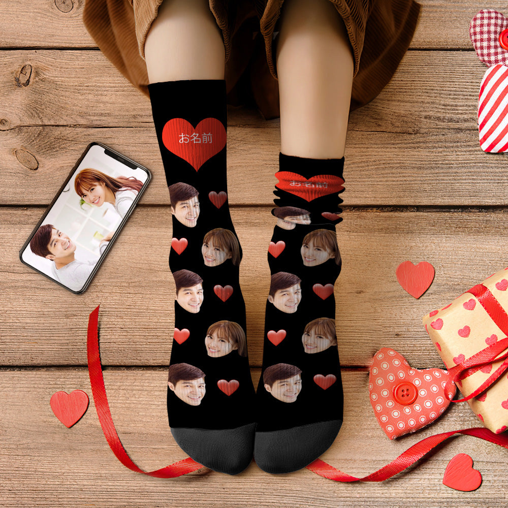 カスタムフェイスソックス-写真やテキスト入れ可能な3Dプレビューハート柄の靴下ギフトバレンタインギフト