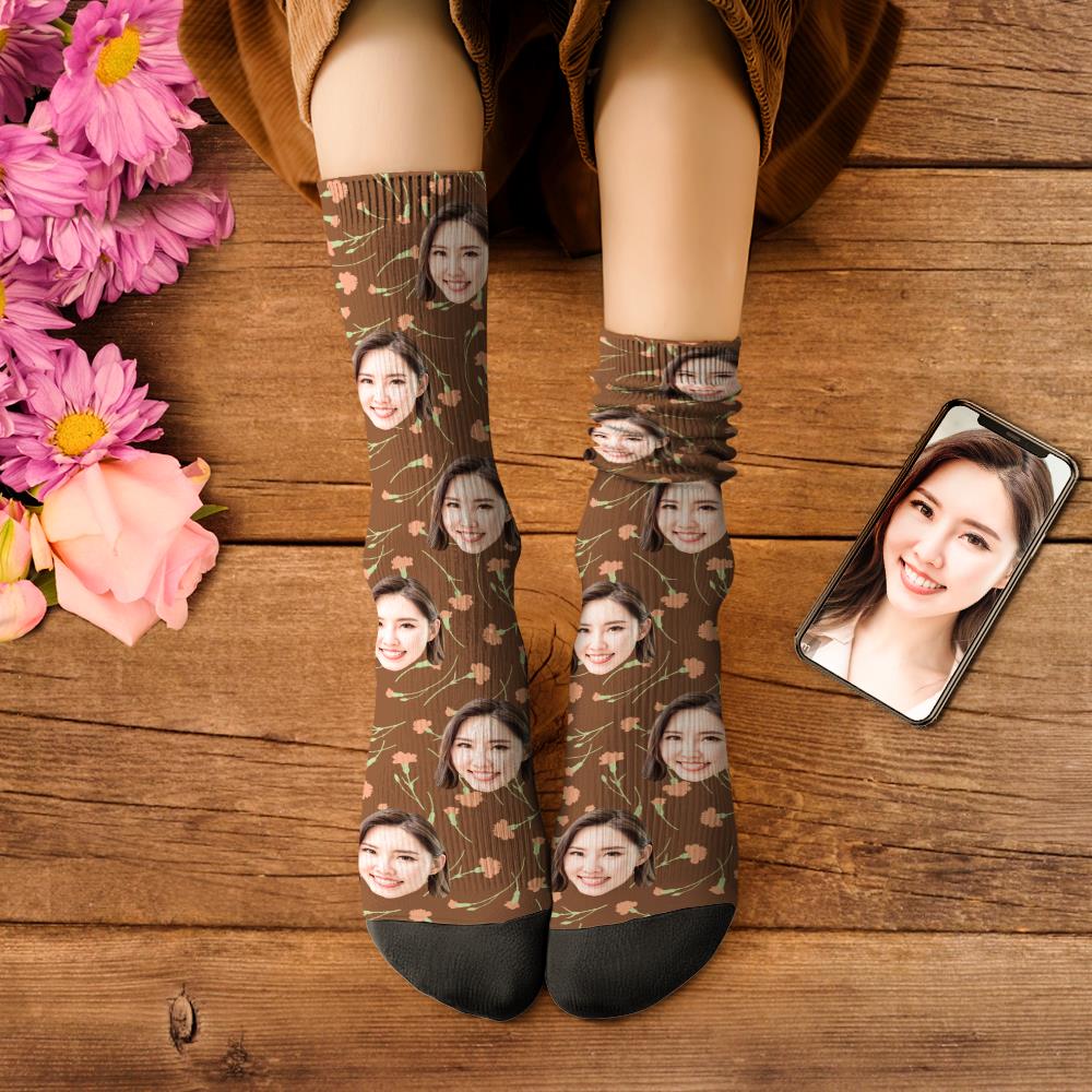 カスタムフェイスソックス-写真入り名入れ可能なカーネーション柄のオリジナル靴下母の日ギフト