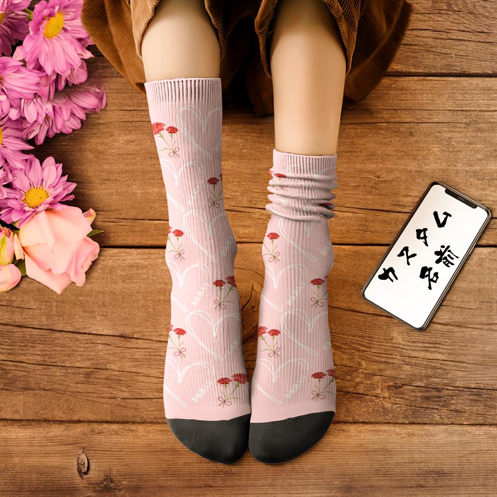 カスタム名前ソックス-名入れ可能なオリジナル靴下母の日ギフト-カーネーション柄