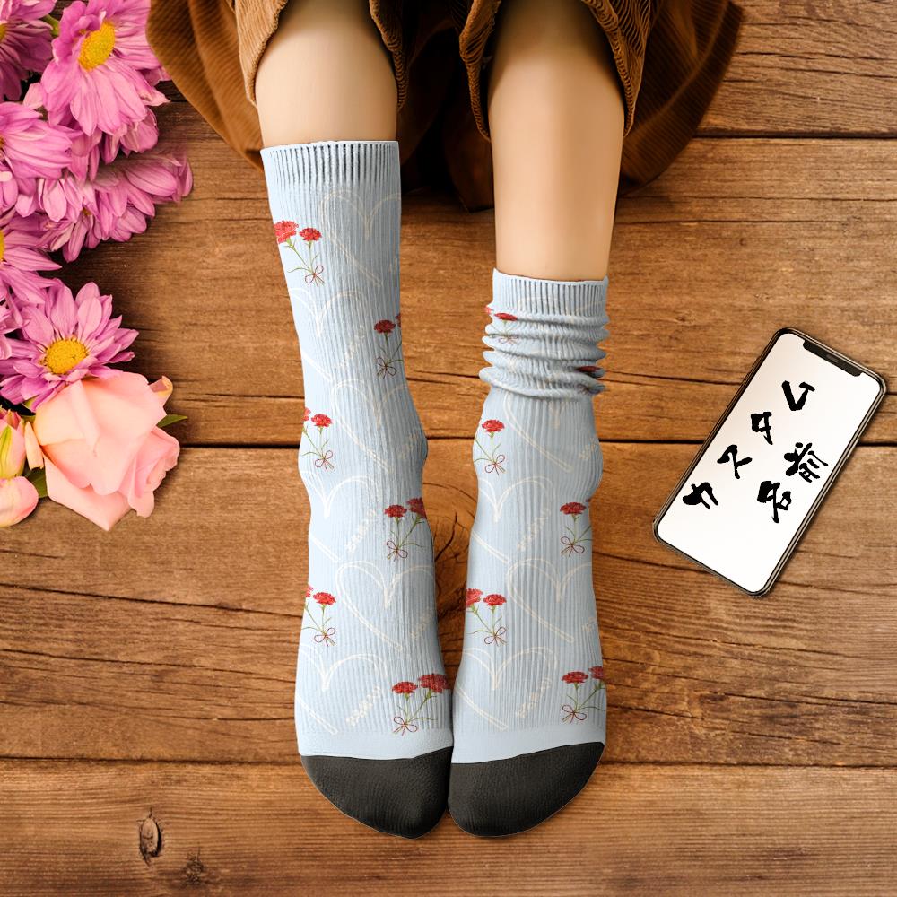 カスタム名前ソックス-名入れ可能なオリジナル靴下母の日ギフト-カーネーション柄