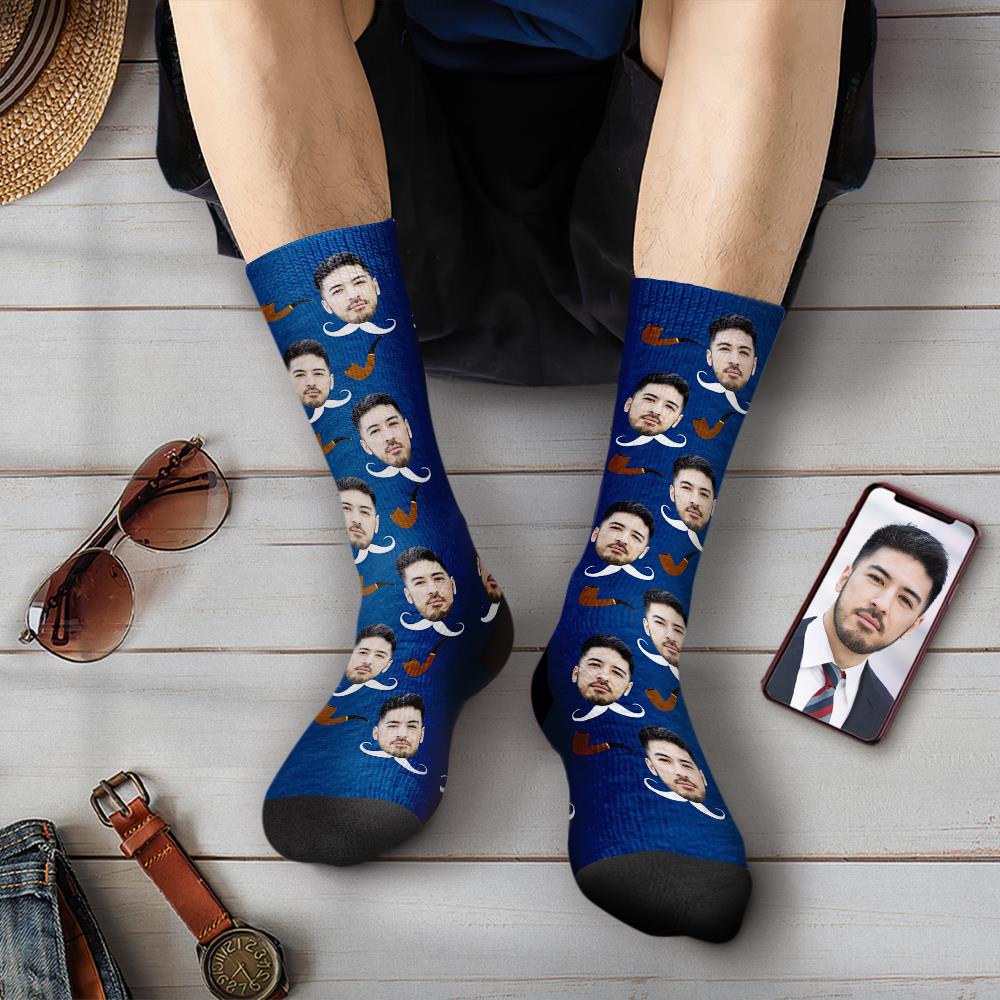 父の日プレゼント-カスタムフェイスソックス-写真入り名入れ可能なひげとパイプ柄のオリジナル靴下父の日プレゼント