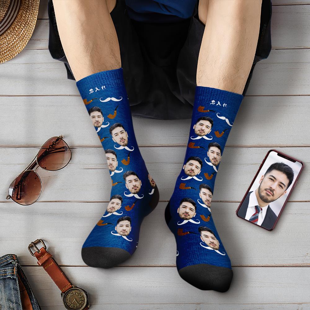 父の日プレゼント-カスタムフェイスソックス-写真入り名入れ可能なひげとパイプ柄のオリジナル靴下父の日プレゼント