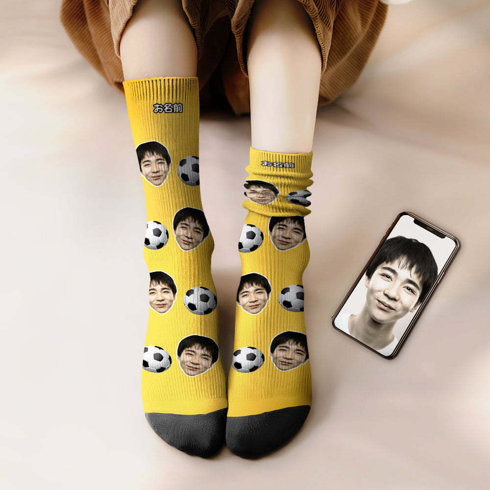カスタムフェイスソックス-写真入り名入れ可能なサッカーボール柄のオリジナル靴下プレゼント