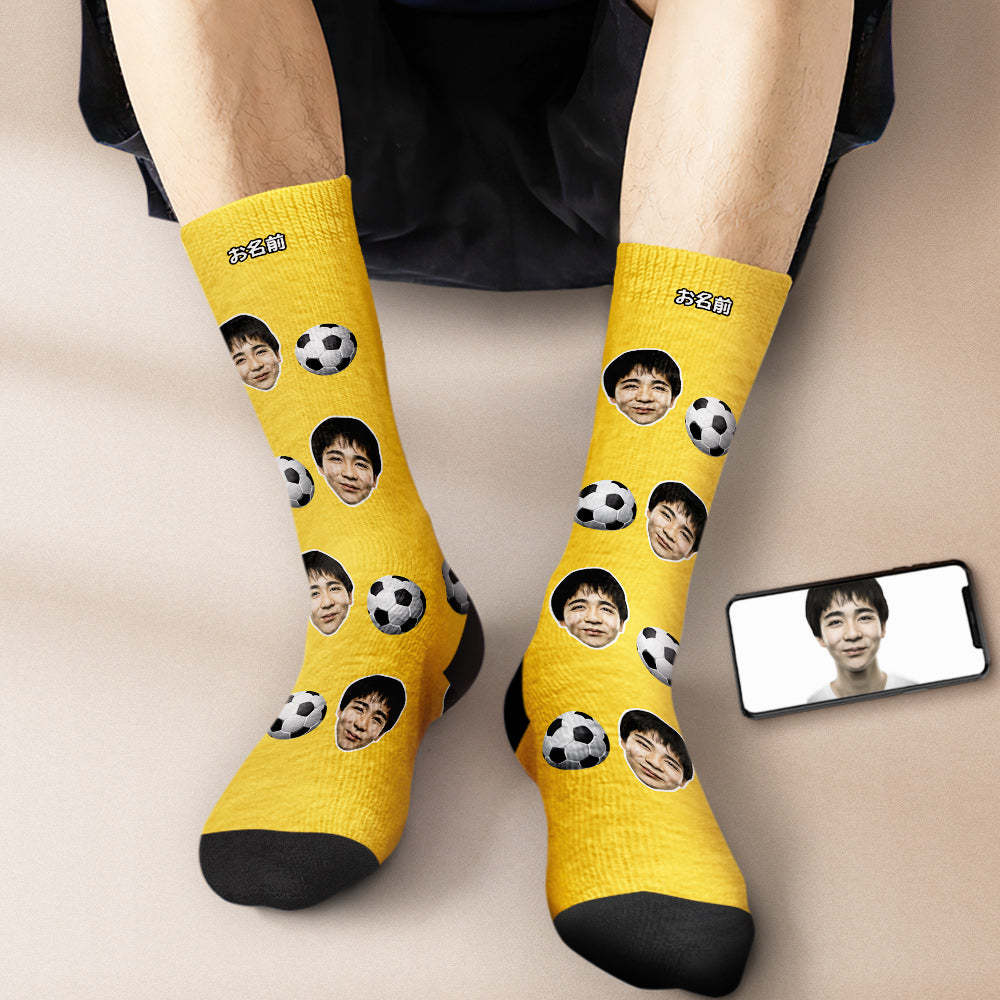 カスタムフェイスソックス-写真入り名入れ可能なサッカーボール柄のオリジナル靴下プレゼント