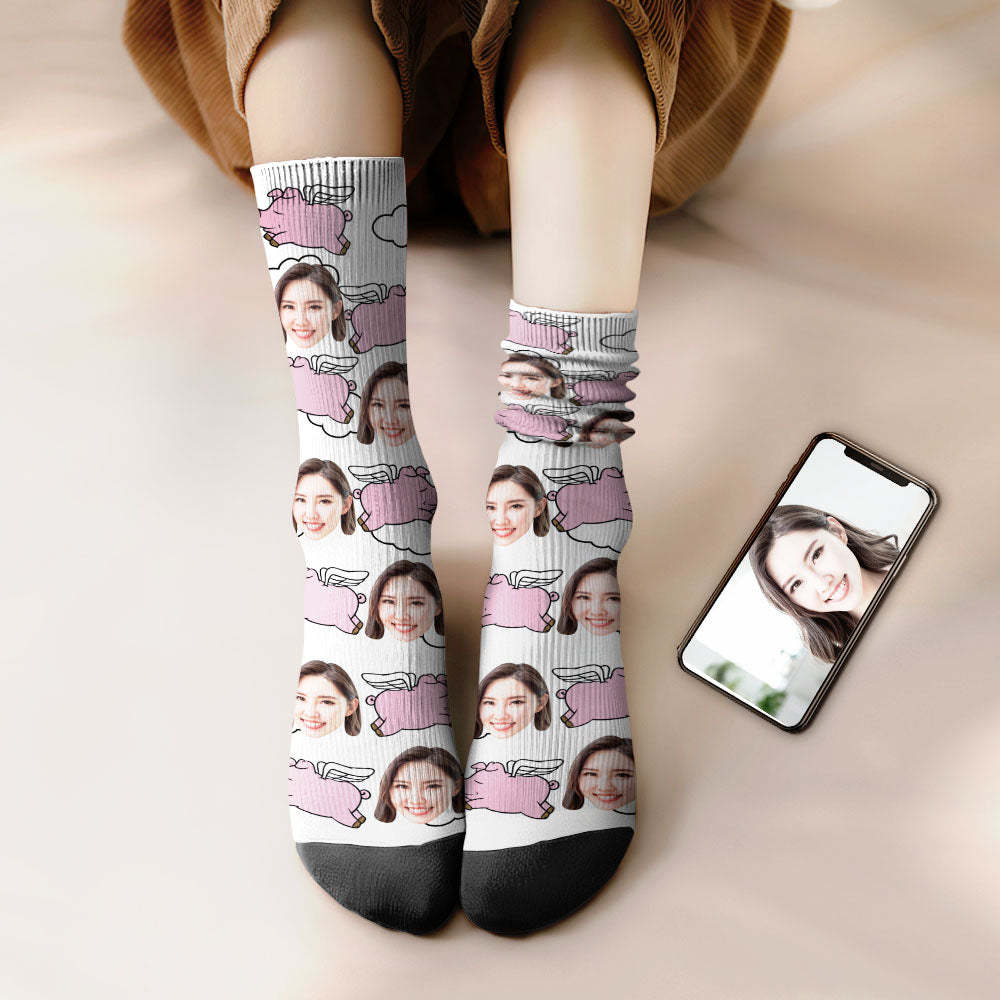 カスタムフェイスソックス-写真入り名入れ可能な豚と雲柄のオリジナル靴下プレゼント