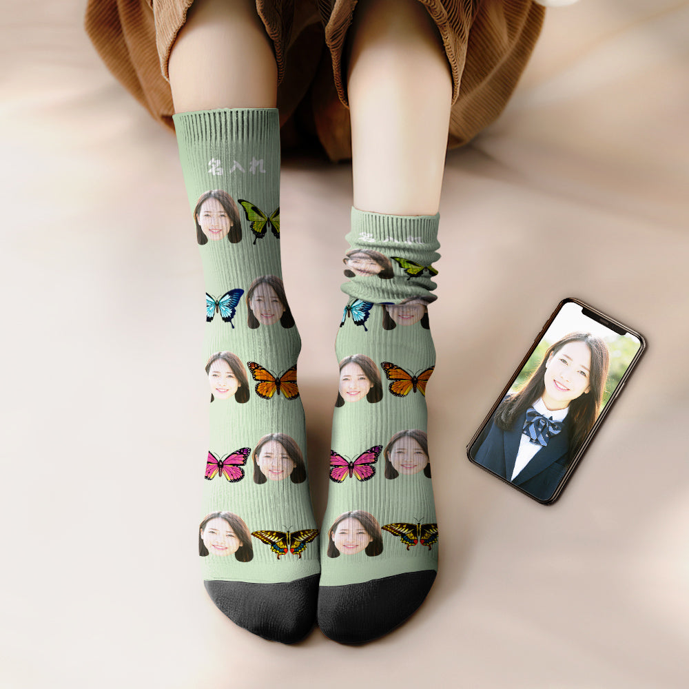 カスタムフェイスソックス-写真入れ名入れ可能な綺麗な蝶柄のオリジナル靴下プレゼント