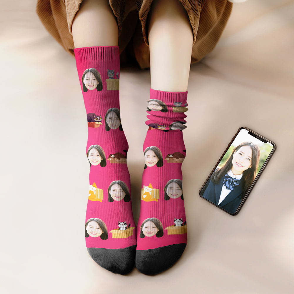 カスタムフェイスソックス-写真入れ名入れ可能な箱猫柄のオリジナル靴下プレゼント