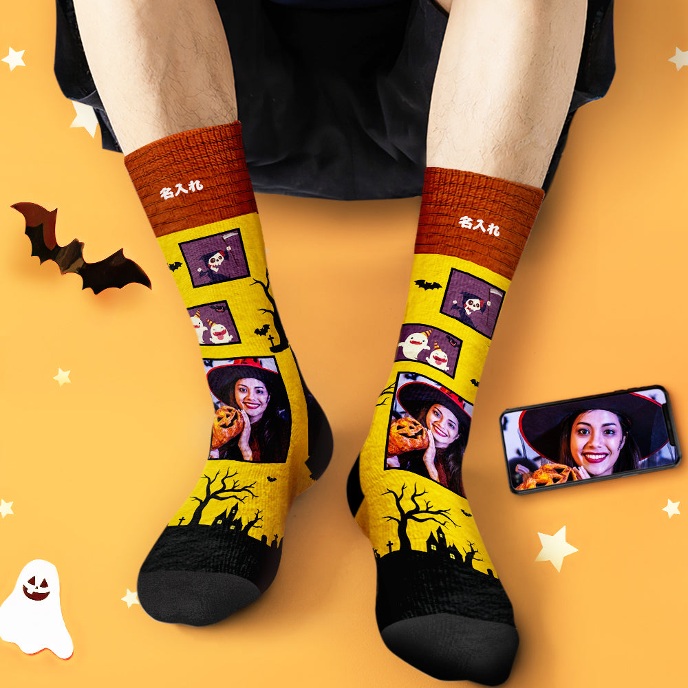カスタムフェイスソックス-写真入れ名入れ可能なお城と幽霊柄のハロウィンオリジナル靴下プレゼント