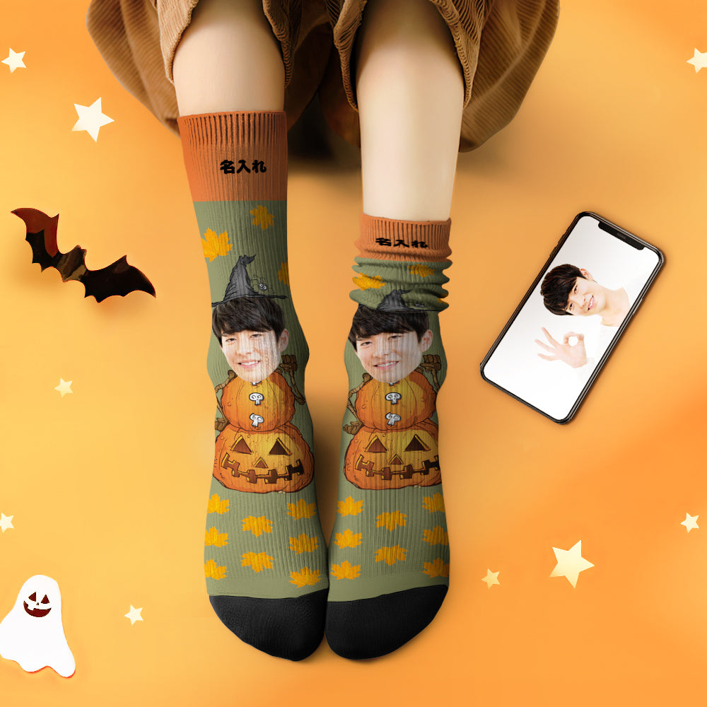 カスタムフェイスソックス-写真入れ名入れ可能なパンプキンマンと楓葉柄のハロウィンオリジナル靴下プレゼント