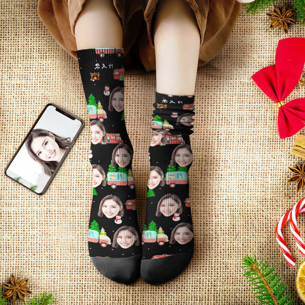 カスタムフェイスソックス-ペット写真入れ名入れ可能なクリスマスツリーと車柄のオリジナルクリスマス靴下プレゼント