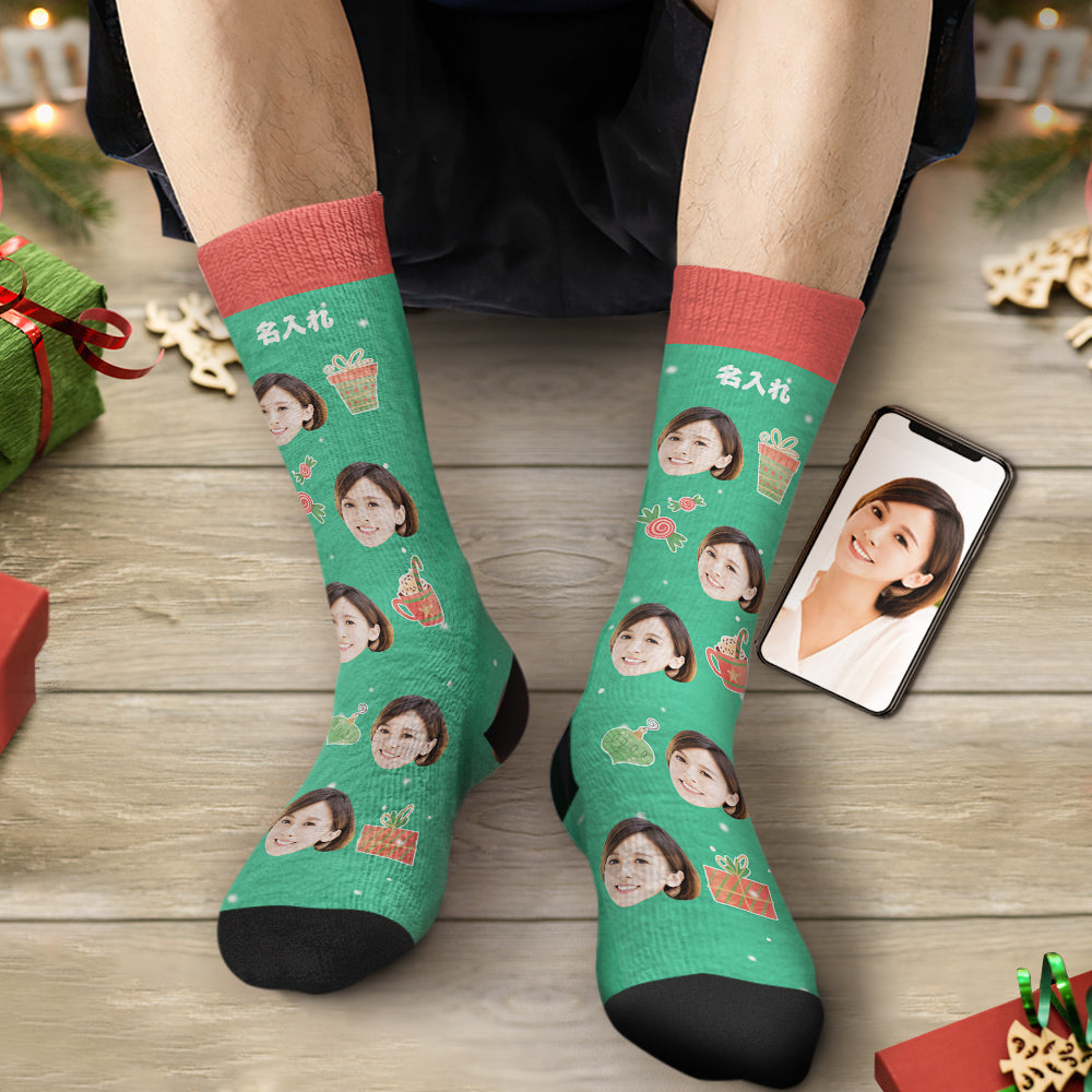 カスタムフェイスソックス-写真入れ名入れ可能なオリジナルクリスマス靴下プレゼント-お菓子プレゼント柄